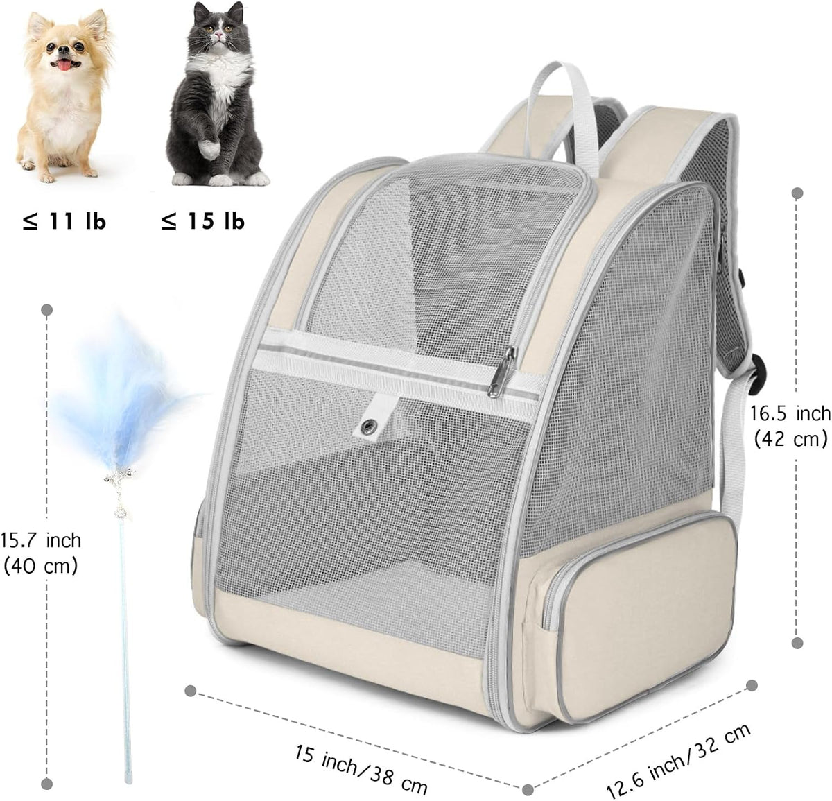 Cat Backpack Carrier, Small Dog Carrier Backpack with Fully Ventilated Mesh, Kitten Wand Feather Toy & Safety Leash, Collapsible Travel Hiking Pet Carrier for Small Dogs Cat Puppy Kitten Bunny (Beige)