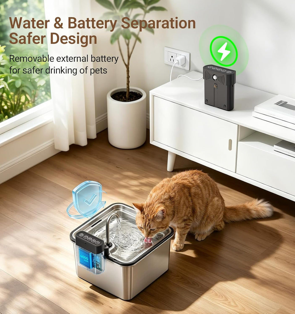 Wireless Cat Water Fountain, Water & Battery Separation, Faucet Design