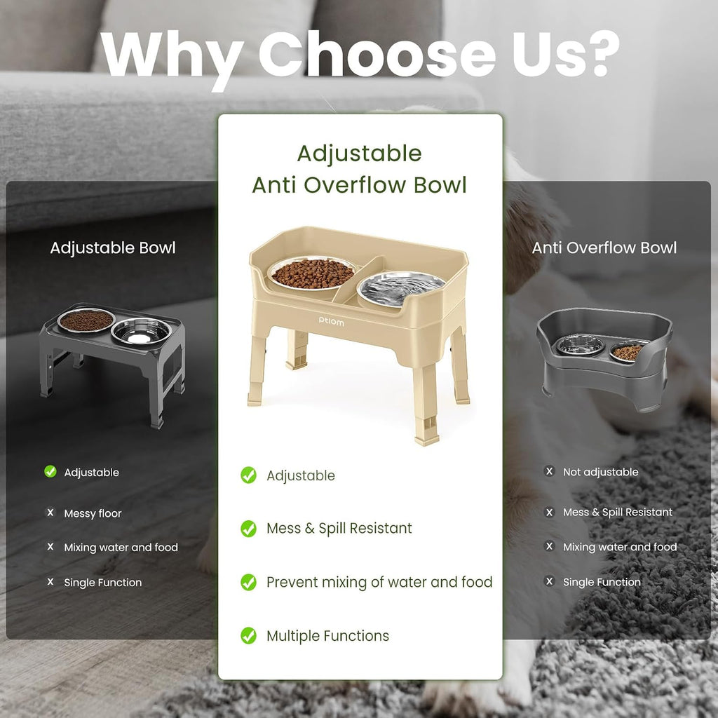 3-in-1 Elevated Dog Bowls Mess Proof Raised Slow Feeder Dog Bowls, 4 Height Adjustable Dog Bowl Stand Licking Plate with 2 56oz Stainless Steel Dog Food Bowls for Small Medium Dogs, Beige