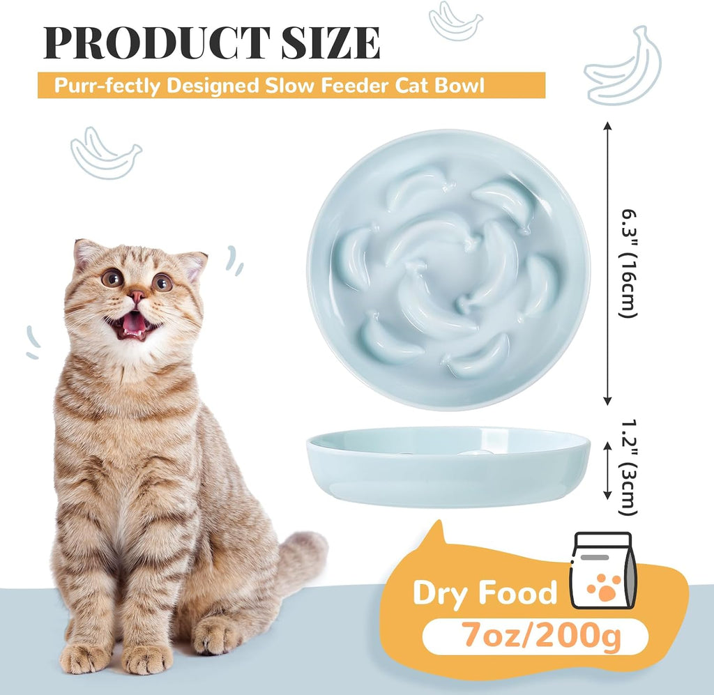 Melamine Slow Feeder Cat Bowls - 3 Pack Cat Food Dishes, 6.3 Inch Wide Opening Whisker Friendly Maze Plates for Dry and Wet Food, Dishwasher Safe, White