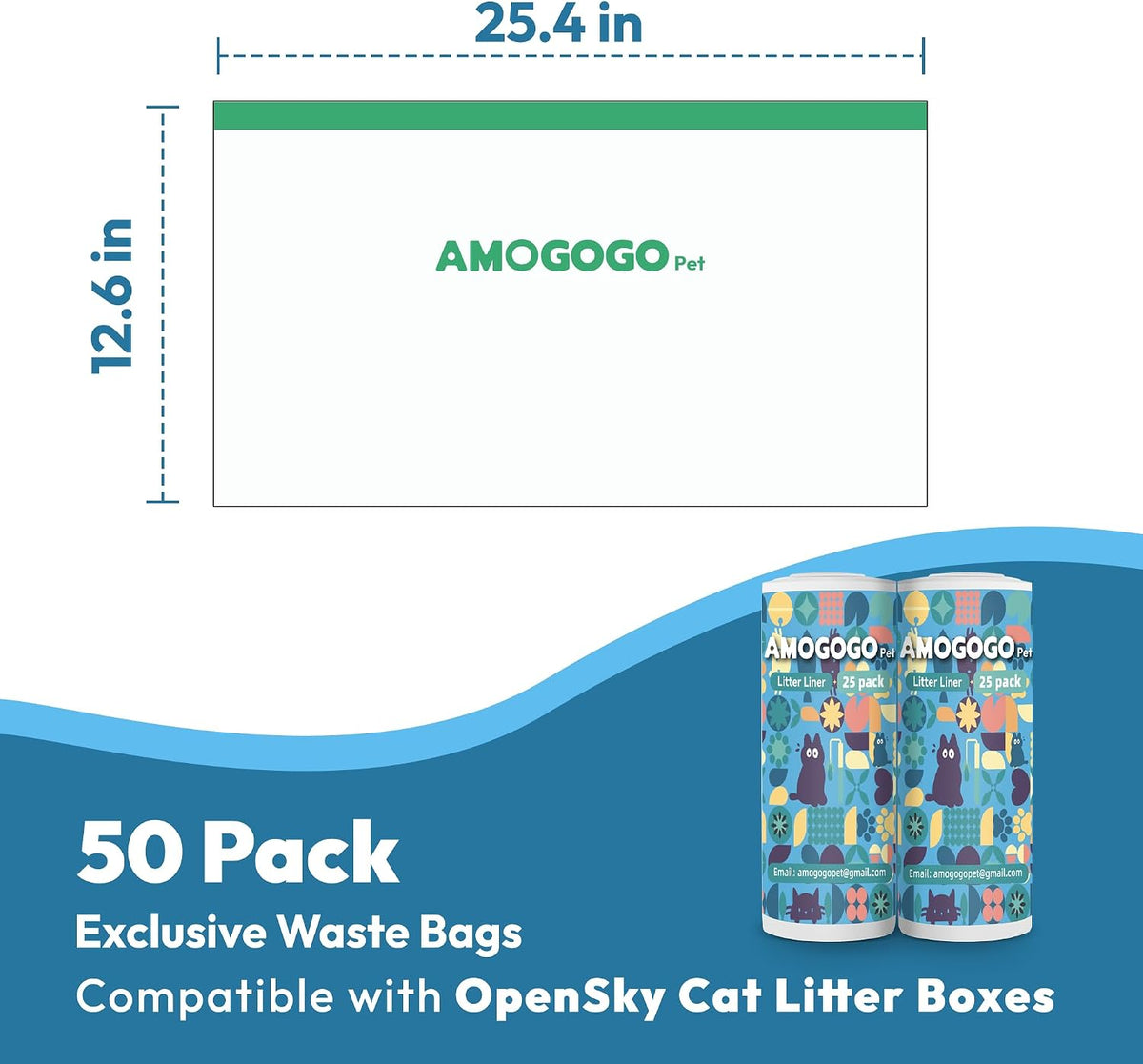 50 Pack Litter Box Liners, Compatible with PetSafe ScoopFree OpenSky Automatic Litter Box, Large Capacity Waste Bin Liners, Heavy Duty, Thick Drawstring Refill Bags, 25.39" x 12.6"