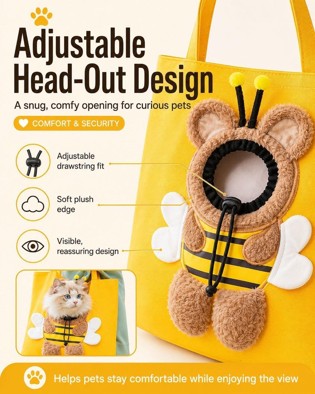 Breathable Pet Canvas Shoulder Carrier, Cat Dog Tote | Colorful Animal Shapes Carrying Bag with Head-Out Design Adjustable Neck Small Dog-Yellow