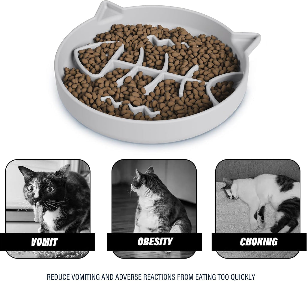 Silicone Cat Slow Feeder Bowl with Suction Cups - Interactive Puzzle Toy to Reduce Overeating in Kitty(Gray, 1 Cup)