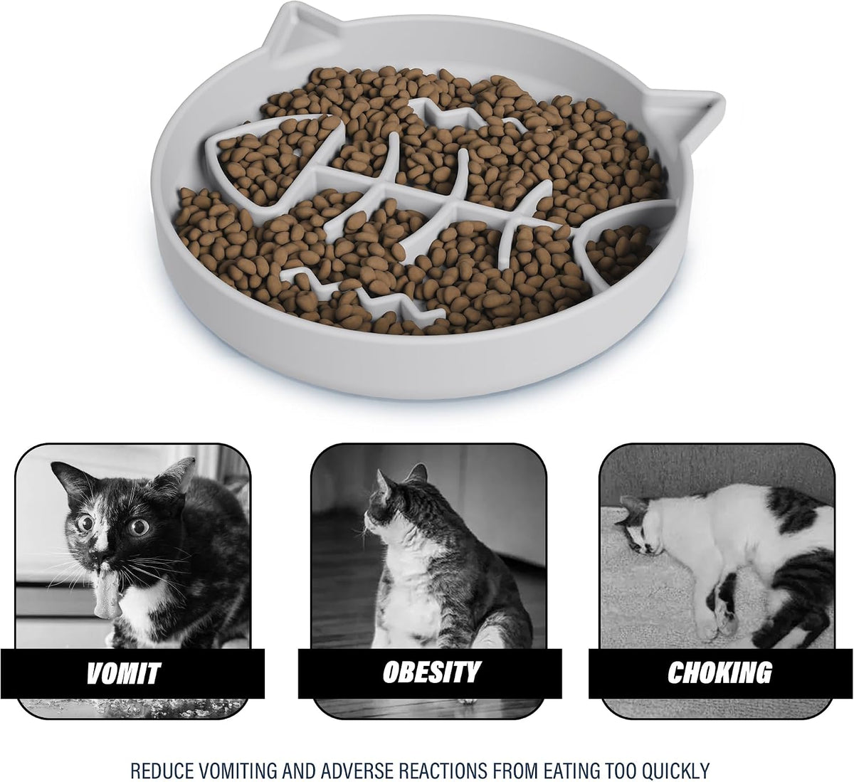 Silicone Cat Slow Feeder Bowl with Suction Cups - Interactive Puzzle Toy to Reduce Overeating in Kitty(Gray, 1 Cup)