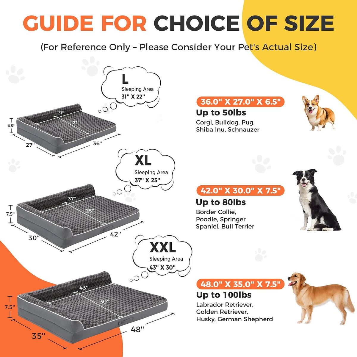 XL Orthopedic Dog Bed for Large Sized Dogs, 42"x30", Dark Grey