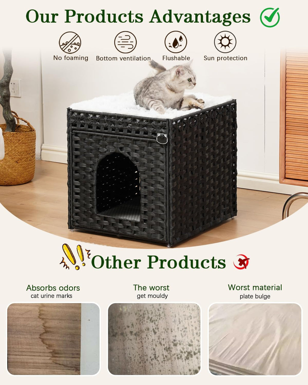 SETVSON Cat Litter Box Enclosure Furniture, Hidden PE Rattan, Black