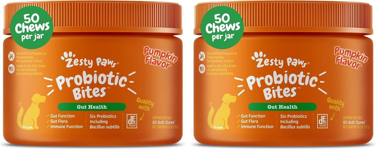 Zesty Paws Probiotics for Dogs, Digestive Enzymes Gut Flora, Digestive Health, Diarrhea & Bowel Support, DE111, Dog Probiotics Soft Chew for Pet Immune System, Chicken, 50 Ct (Pack of 2)