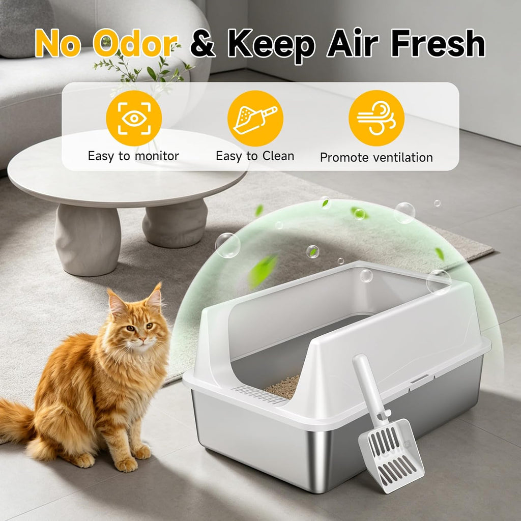 XL Open Top Stainless Steel Litter Box with High Sides,Gray | Extra Large Tall Wall Open Top Deep Metal Pan, Anti-Leak Non-Stick Odor Control