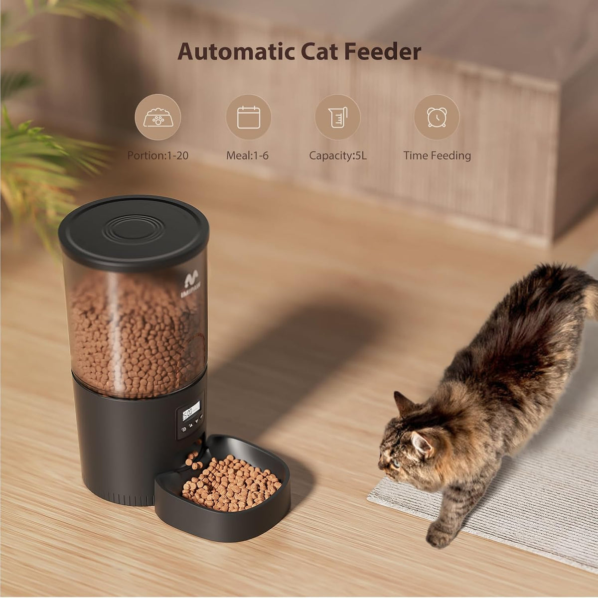 IMIPAW Automatic Cat Feeders, 5L Large Capacity, Timed Feeding Dry Food, Dual Power Design, Programmable Portion Size, 1-6 Meals Per Day, with Desiccant, Suitable for Small Pets Food Dispenser, Black