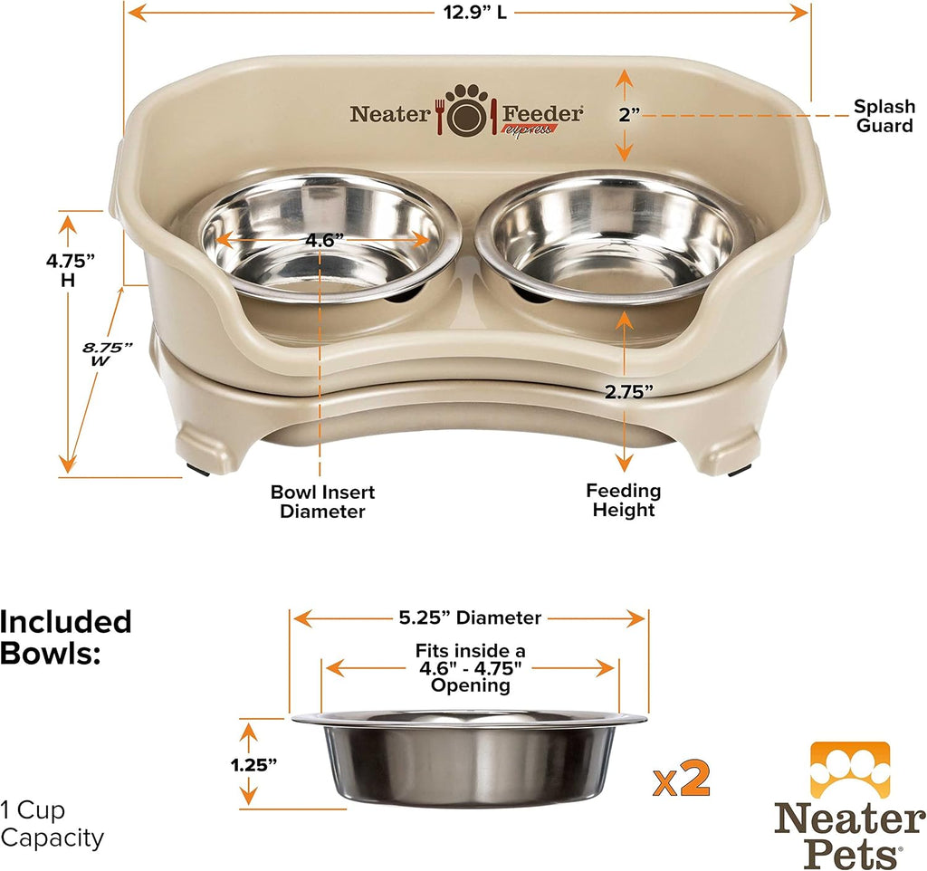 Neater Feeder Express Mess Proof Cat Bowls Elevated, No Spill Feeding Station, Stainless Steel Dishes for Food and Water, Raised Bowls for Indoor Cats, No Fatigue Whisker Friendly Dish, Almond 
