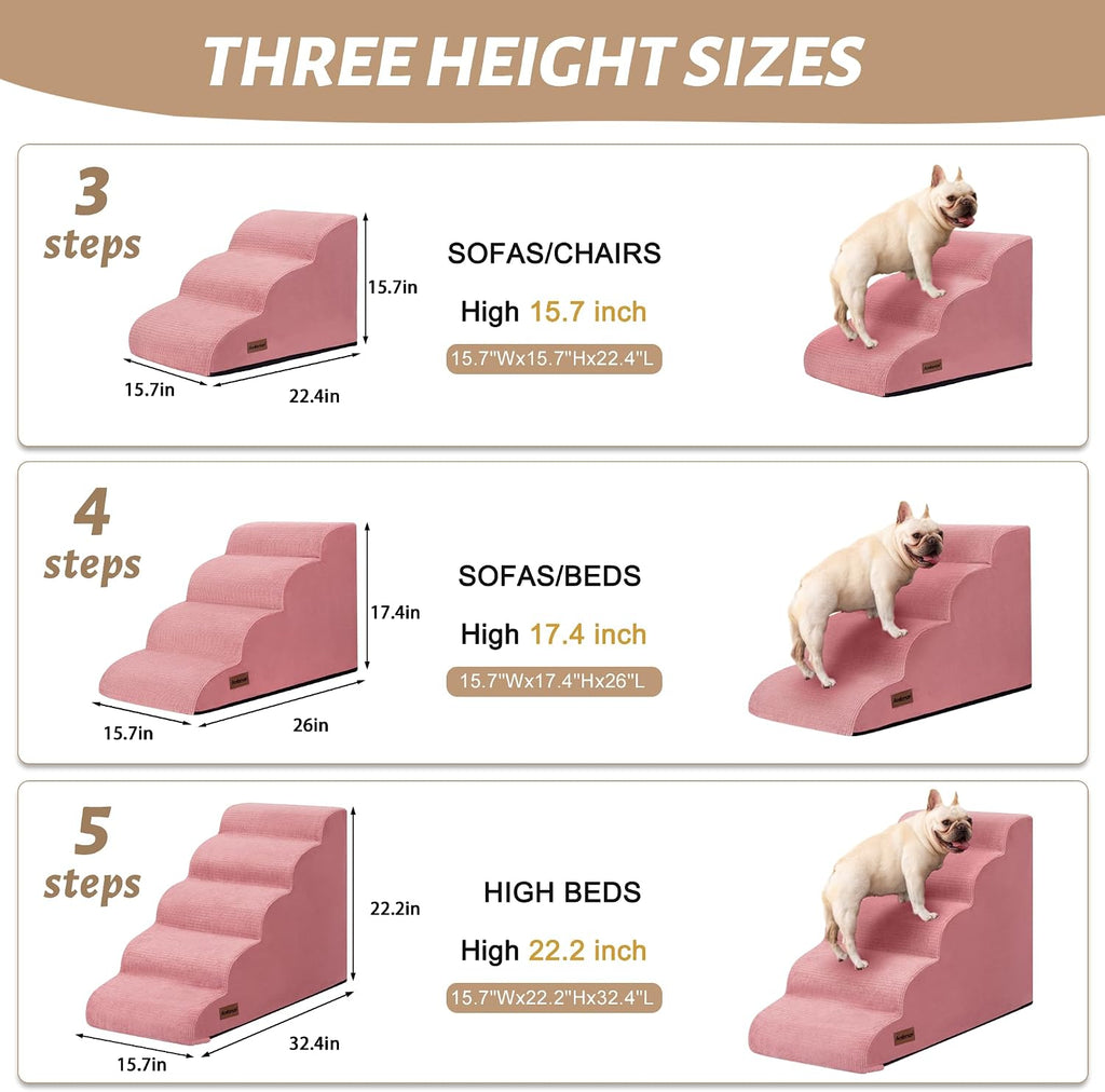 4-Step Dog Stairs for Bed or Couch, Pink Pet Ramp for Small Dogs, Cats