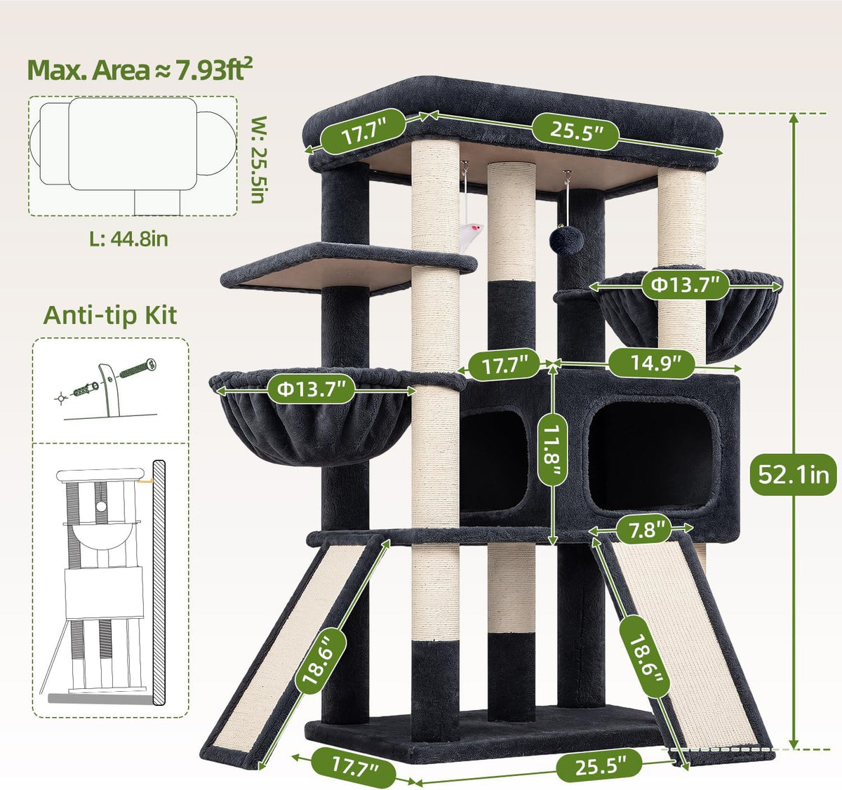 Globlazer Heavy Duty Cat Tree for Large Cats, 25.5in Wide Top Perch, S52F