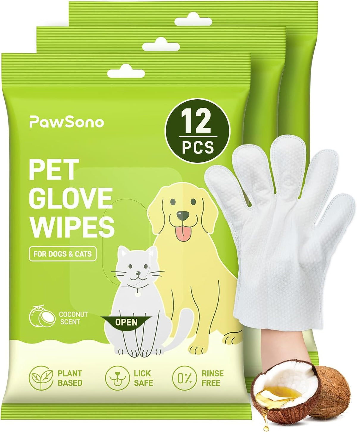 PawSono 36 Count Pet Wipes for Dogs & Cats, Glove Design, Coconut Scent