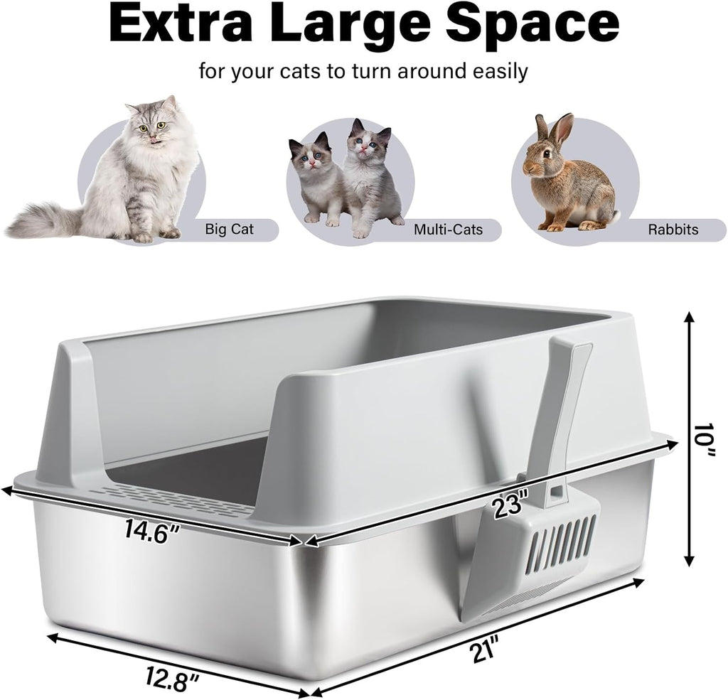 XL Stainless Steel Litter Box with Lid, Extra Large Cat Litter Box | 2Pack Metal Cat Litter Box for Big Cats, High Sided, Easy Cleaning ,Odor-Free Includes Scoop and Mat