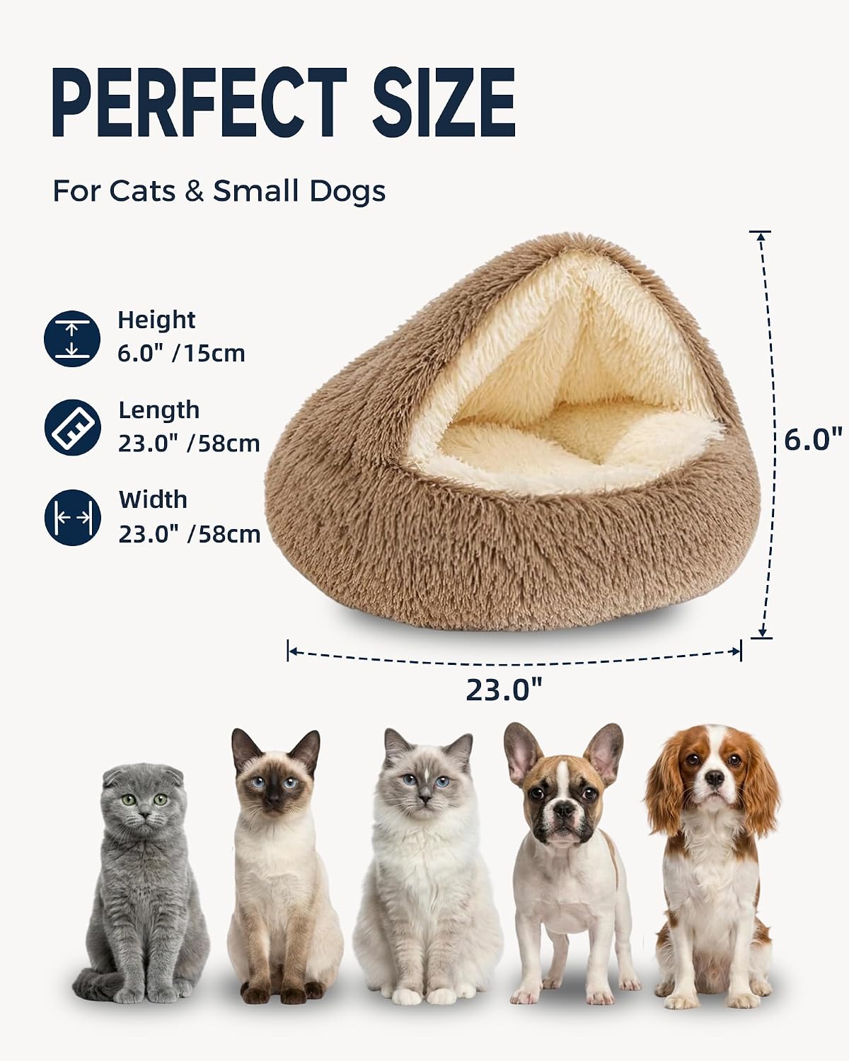 ShinHye Round Plush Fluffy Hooded Cat Bed Cave, Cozy for Indoor Cats or Small Dogs, Waterproof Bottom, Washable（23 in）
