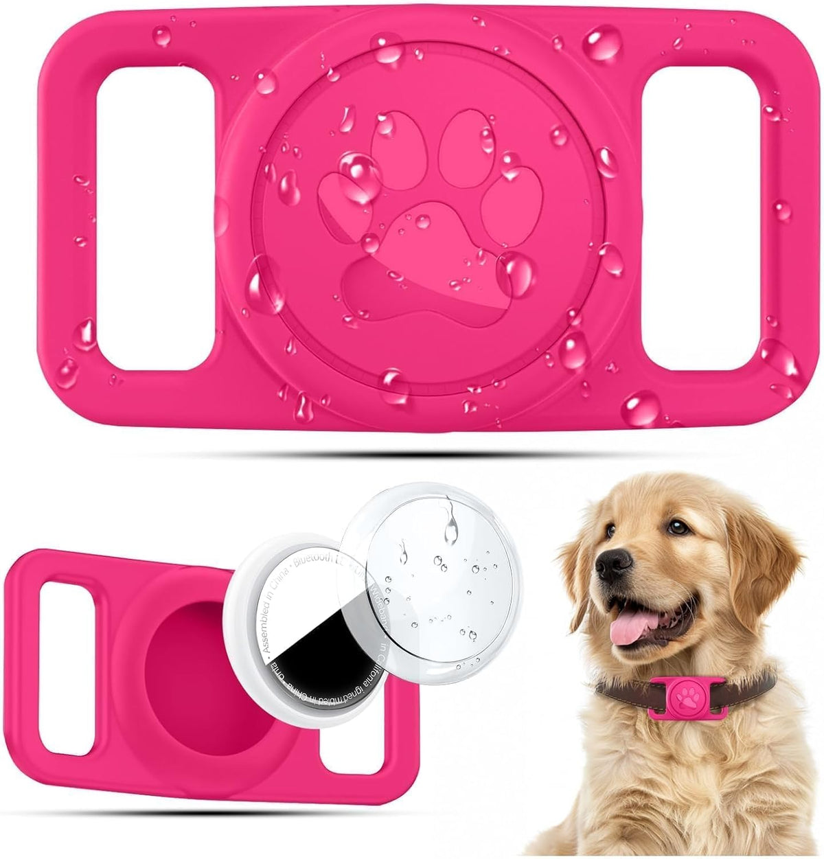 Linsaner Waterproof Dog Collar Holder for AirTag 1st & 2nd Gen, Hot Pink