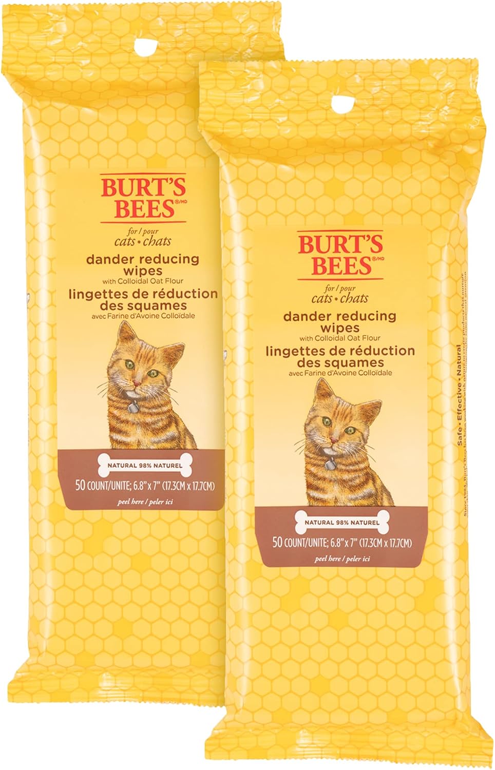 Burts Bees for Pets Cat Dander Remover Wipes, Unscented, 50 Count, 2-Pack | Colloidal oat flour and aloe soothe dry skin and reduce flaking, gentle grooming for cats and kittens 