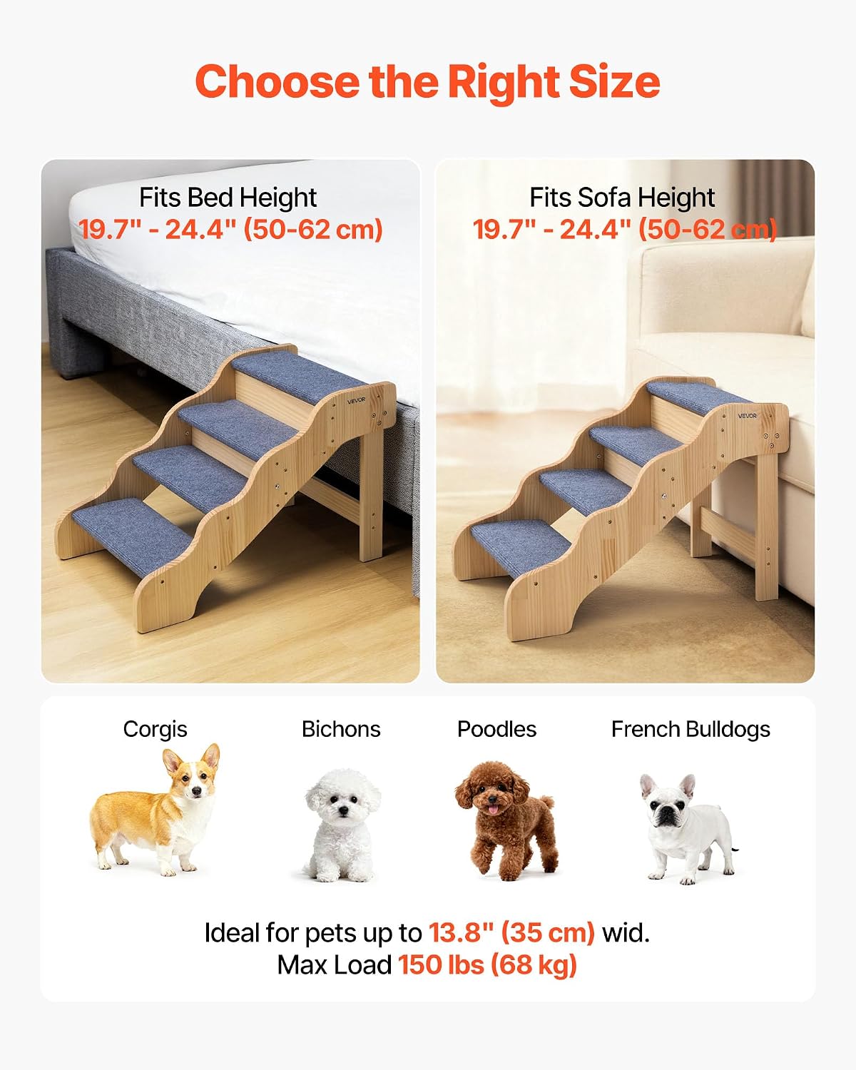 VEVOR Wood Pet Stairs, 4-Step Dog Stairs for High Beds, Sofa & Cars, 150lbs Load Capacity, Non-Slip Surface, Stable Cat & Dog Step Ladder for Small Medium Large Older Pet Puppy Essentials