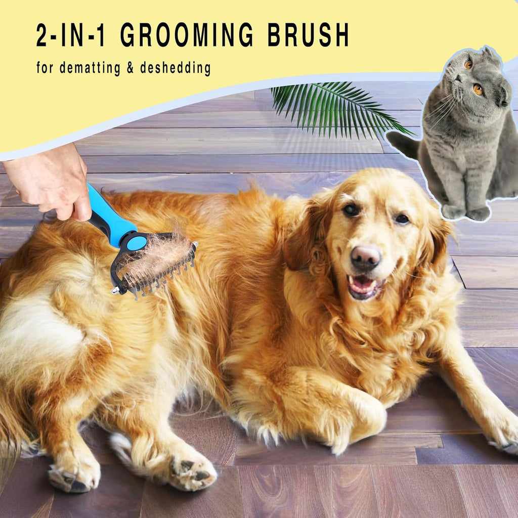 Pet Grooming Rake for Dogs & Cats - Double-Sided Deshedding and Dematting Tool, Gently Remove 95% of Loose Undercoat & Mats for Long-Haired Pets, Painless Fur Brush for Shedding Control (Blue+Comb)