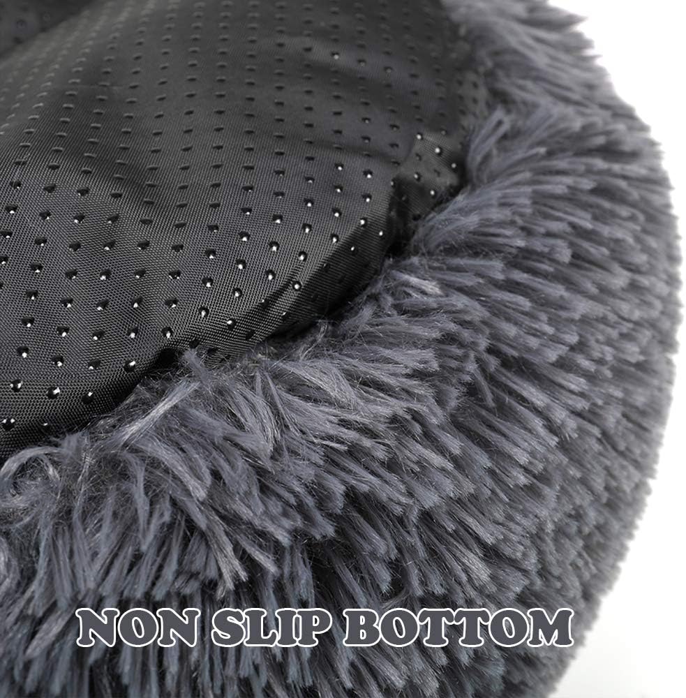 otoez Round Donut Dog Bed for Small Dogs, Washable Cat Calming Bed Cuddler Anti Anxiety Fluffy Plush Dog Cat Bed with Non-Slip Waterproof Bottom (23.6", Dark Grey)