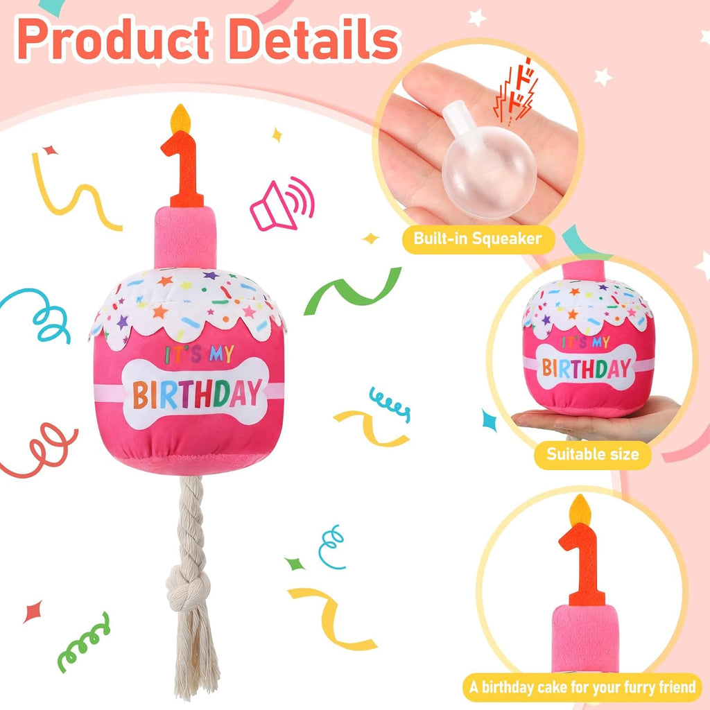 Dansydaisy Dog Birthday Cake Toy Squeaky Plush Gift,1st,Rose Pink | Interactive Squeaky Gift for Dogs, Dog Birthday Decor , Soft Chew for Small Medium Large Pets, Cake Design with Candle