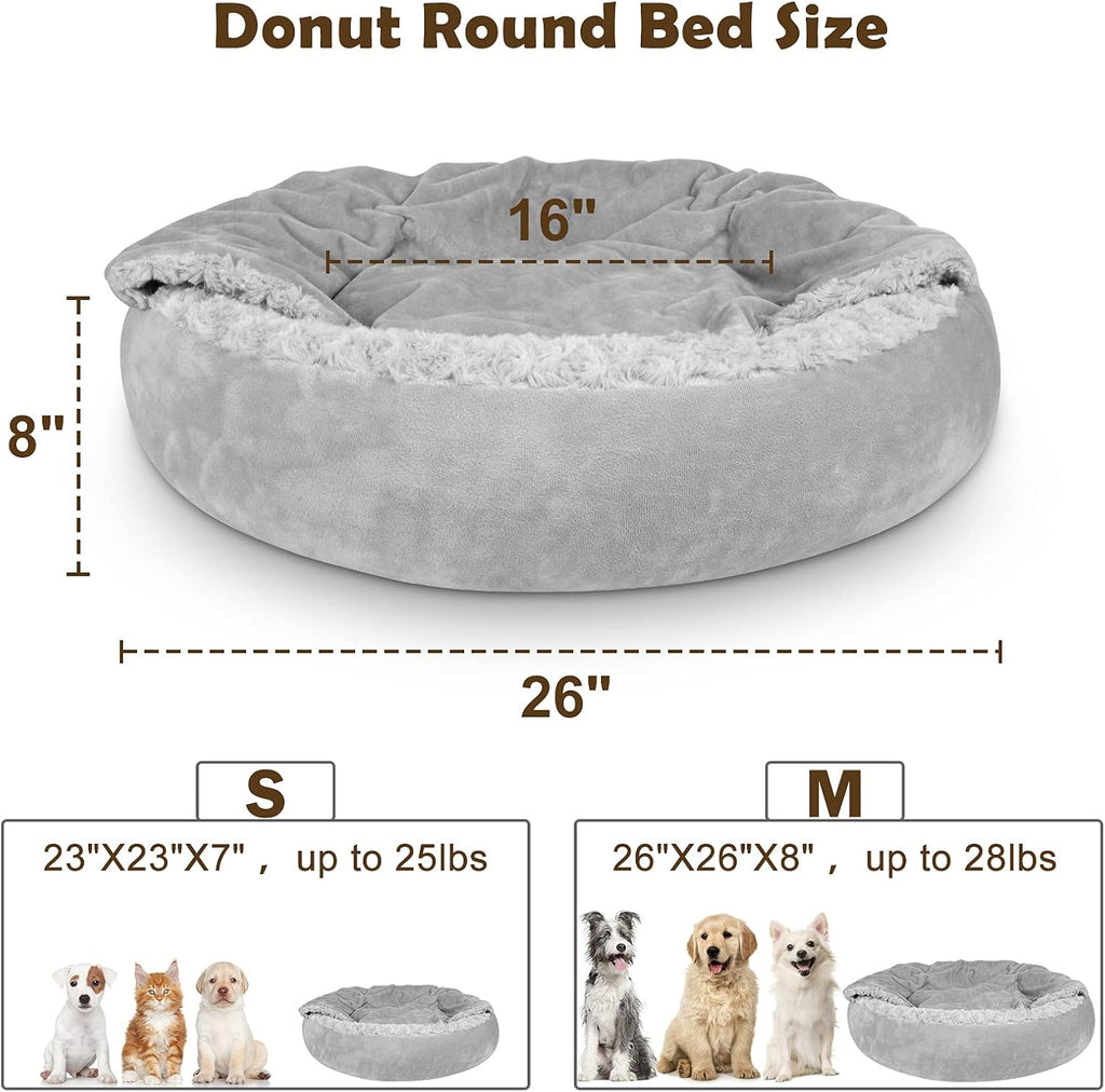 JOEJOY Dog Beds for Small Medium Dogs, Cozy Cuddler Luxury Puppy Pet Bed with Blanket Attached, Donut Round Calming Anti-Anxiety Dog Burrow Cave Bed - Anti-Slip Bottom and Machine Washable 26 inch