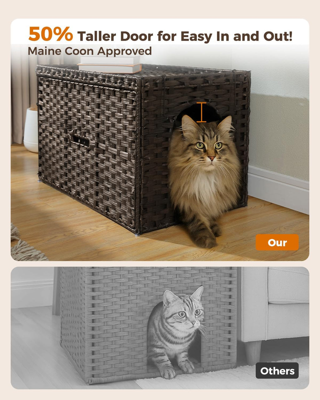 MUTTROS Rattan Cat Litter Box Enclosure - Hidden Litter Box Furniture by Handwoven Wicker with Taller Doorway & Raised Edge Mat-Cat House Cabinet for Large Cats Indoor Living Room Odor Control, Brown