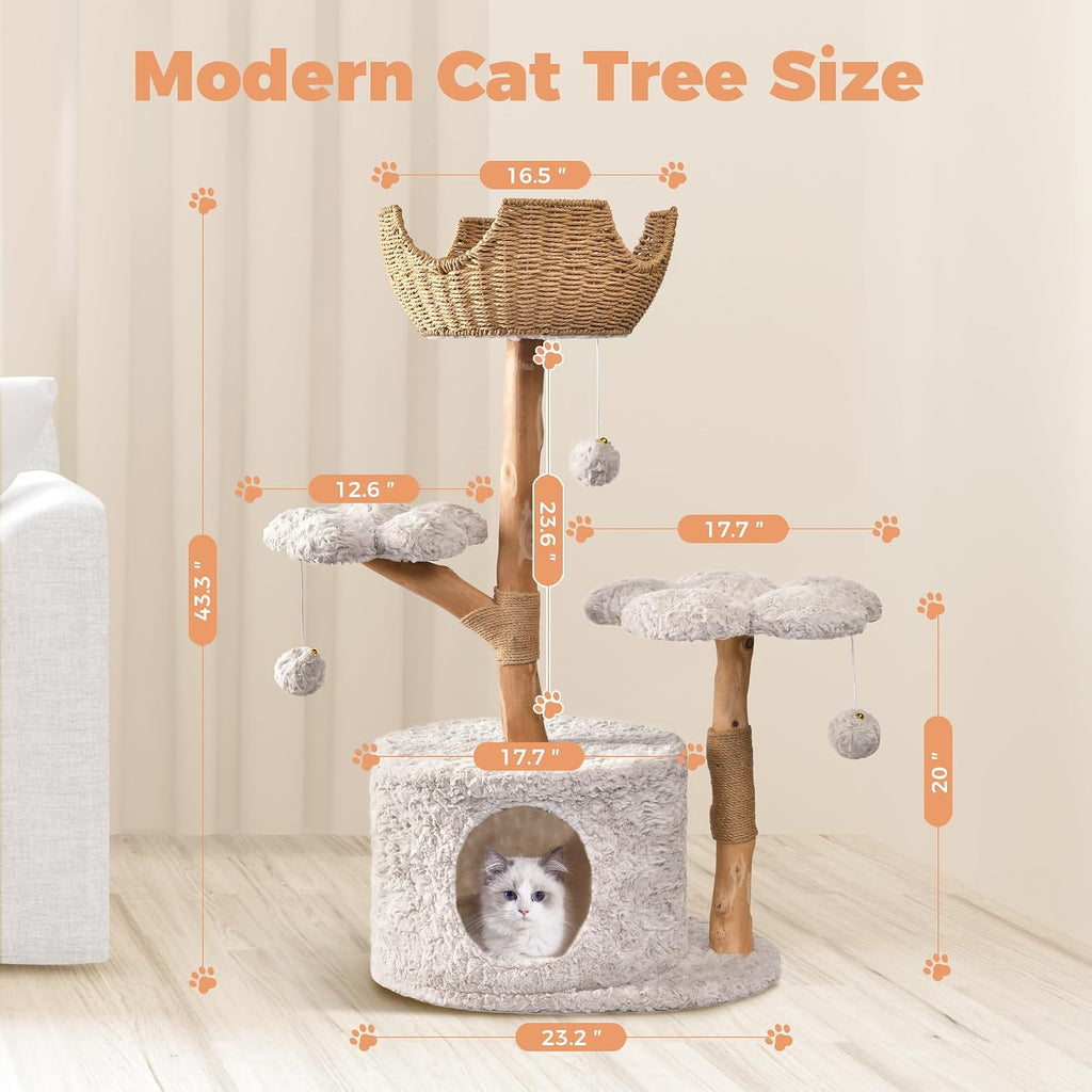 Easyego Modern Cat Tree, 43.3" Aesthetic Wood Cat Tree Tower for Large Cats, Luxury Cat Condo with Scratching Posts and Flower Platforms, Cat Furniture, Bullet Gray