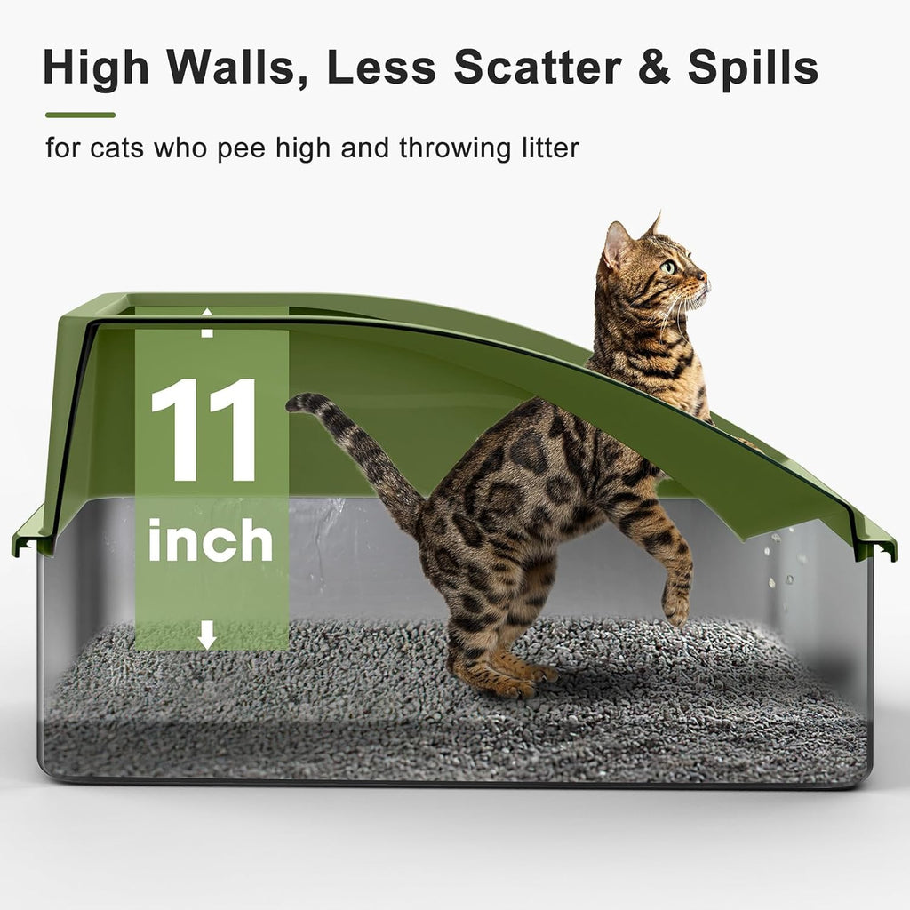 AIPERRO Stainless Steel Litter Box | XL Enclosed Metal Cat Litter Boxes | High Sided with Lid for Big Cats | Anti-Urine Leakage | Non-Stick Bottom & Includes Litter Mat & Metal Scoop (Olive Green)