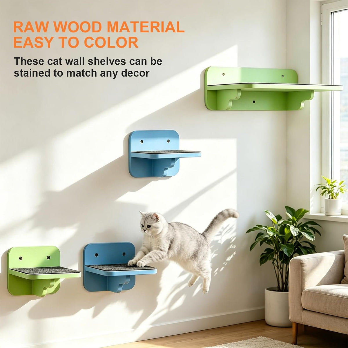 Cat Wall Shelves - Wood Cat Shelves for Wall with Scratching Mat, Floating Kitty Stairs & Steps for Climbing, Jumping and Napping