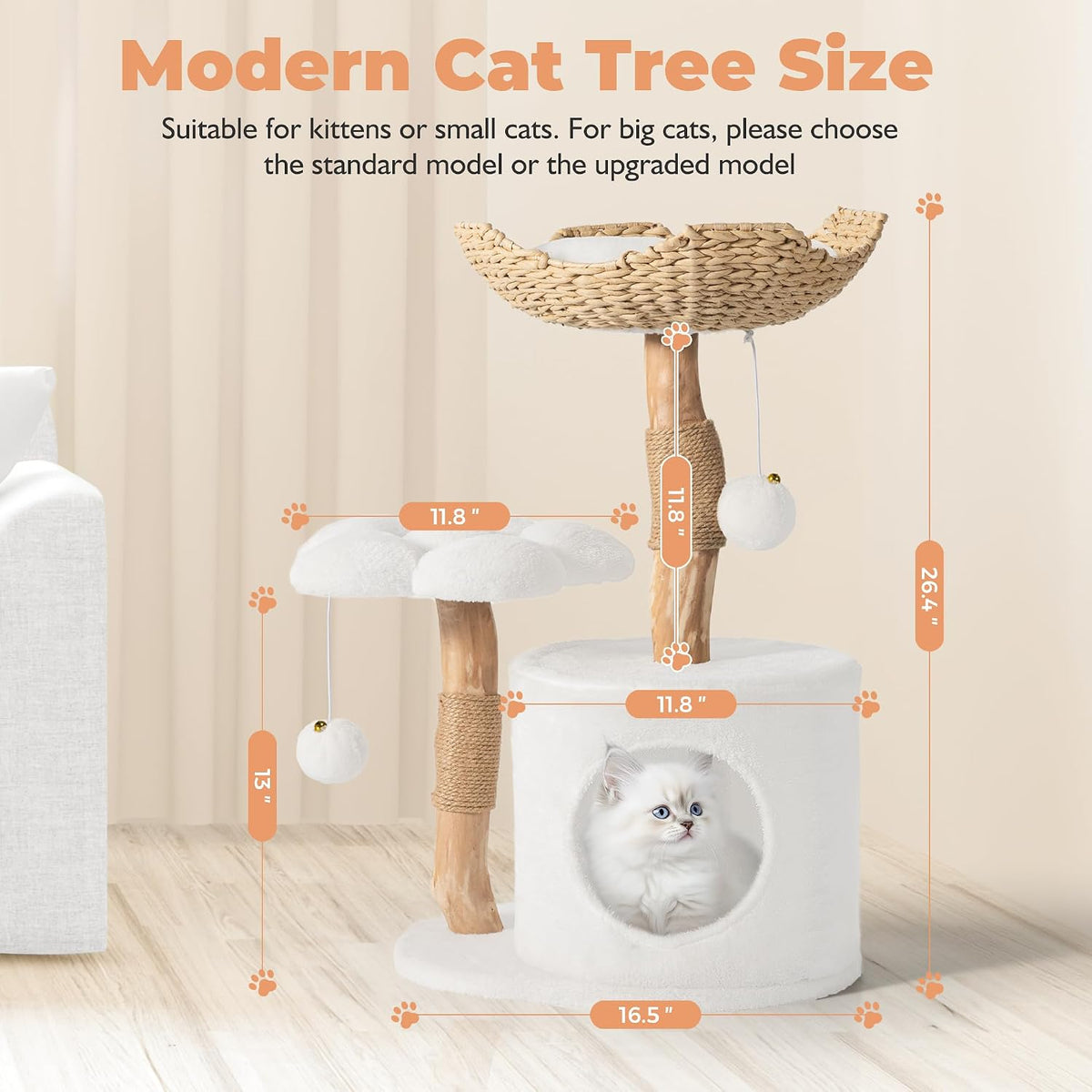 Easyego Modern Cat Tree, 26.3" Aesthetic Wood Cat Tree Tower for Small Cats