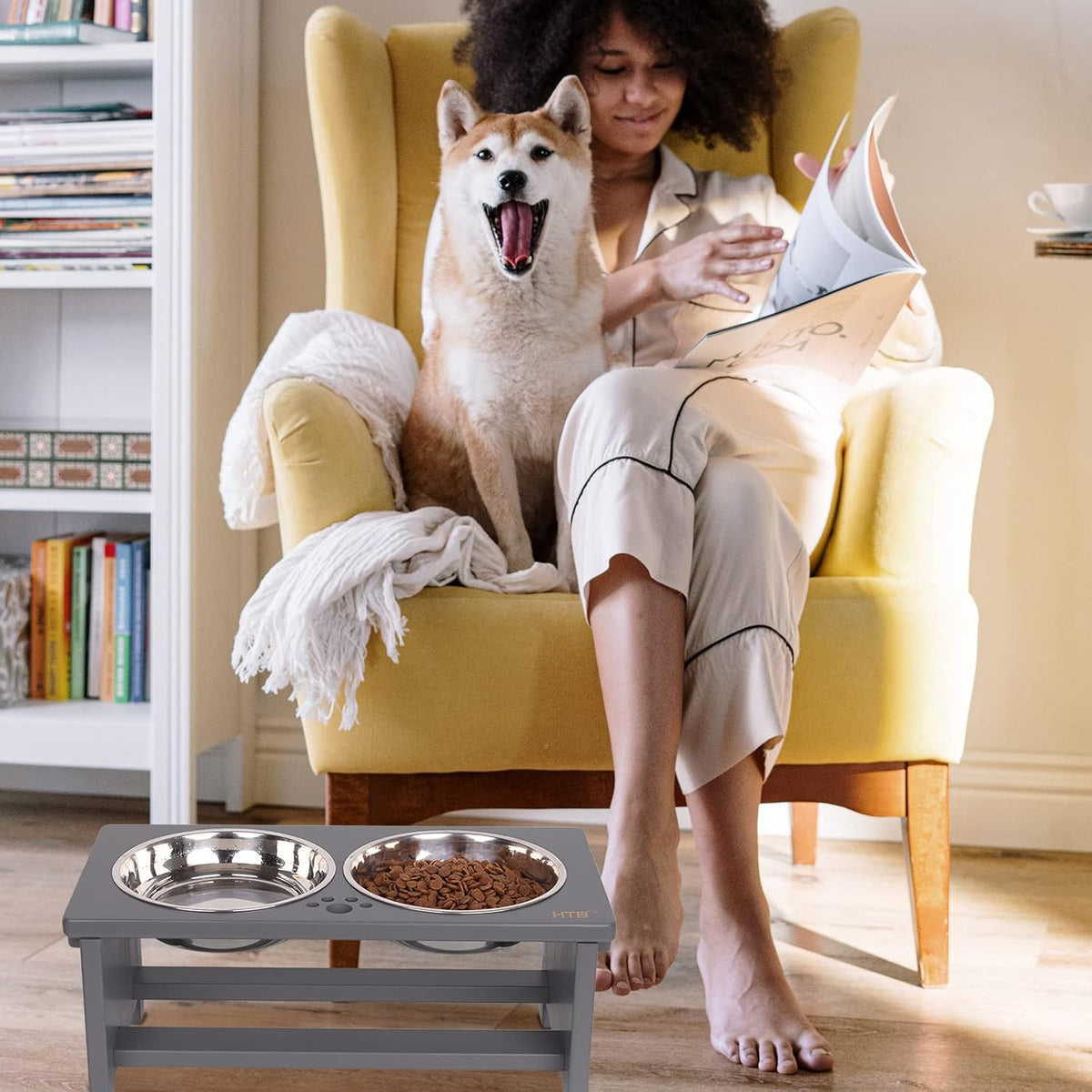 HTB Elevated Dog Bowl Stand with 2 Stainless Steel Bowls-7" H Medium Grey | Raised Dog Bowl Stand, 7"tall, 29 Oz Bowls, for Medium Sized Dogs, Pet-safe, Solid Bamboo