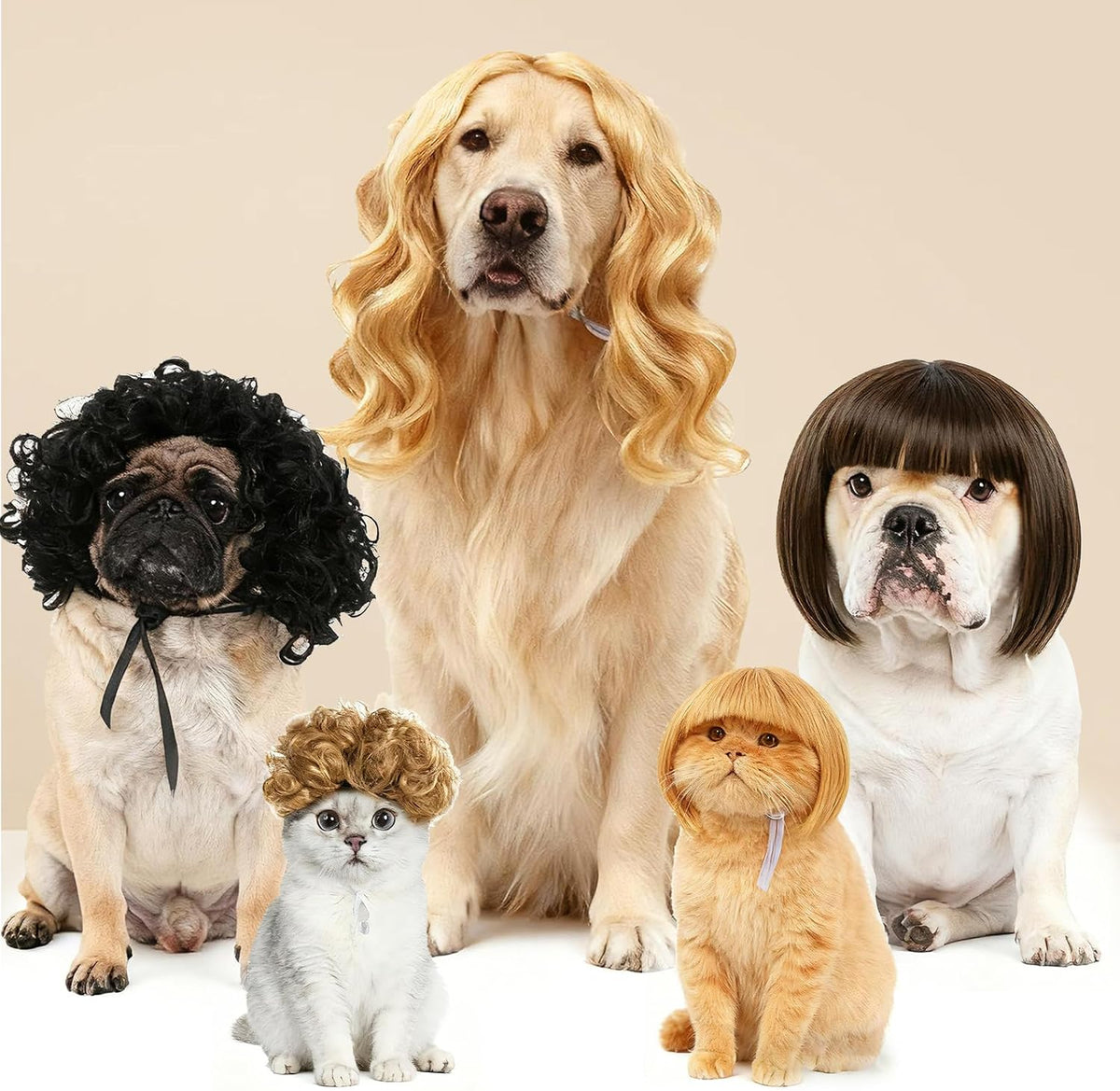 6 Pack Funny Cat and Dog Wigs, Soft Pet Cosplay Costume with Adjustable Straps, for Halloween Christmas Party Dress-Up, Ideal Gift for Pet Lovers