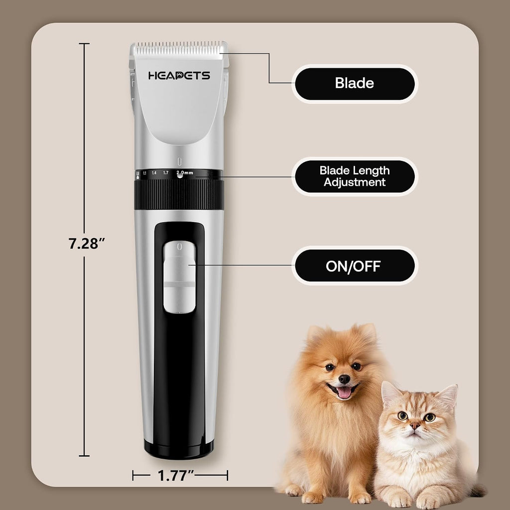 HEAPETS Dog Grooming Clippers, Low Noise, Electric Quiet, Adjustable Clipper Comb, Rechargeable Cordless Dog Hair Clippers for Dogs Cats Pets, White