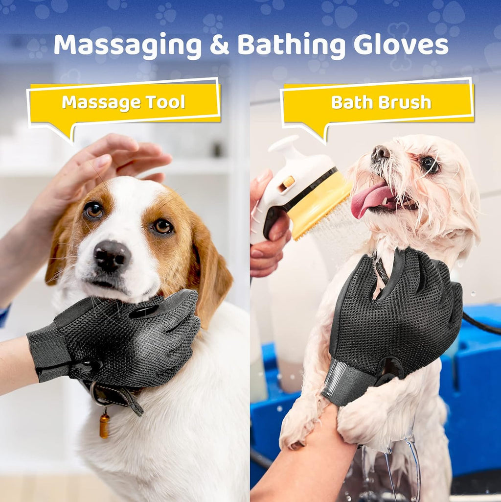 Pet Hair Removal Glove with 255 Silicone Tips for Dogs & Cats, 1 Pair Gray | 2-in-1 Deshedding & Massage Mitt, 5-Finger Flexible Design, for Bathing & Grooming, Safe for Long/Short/Curly Hair Pets 