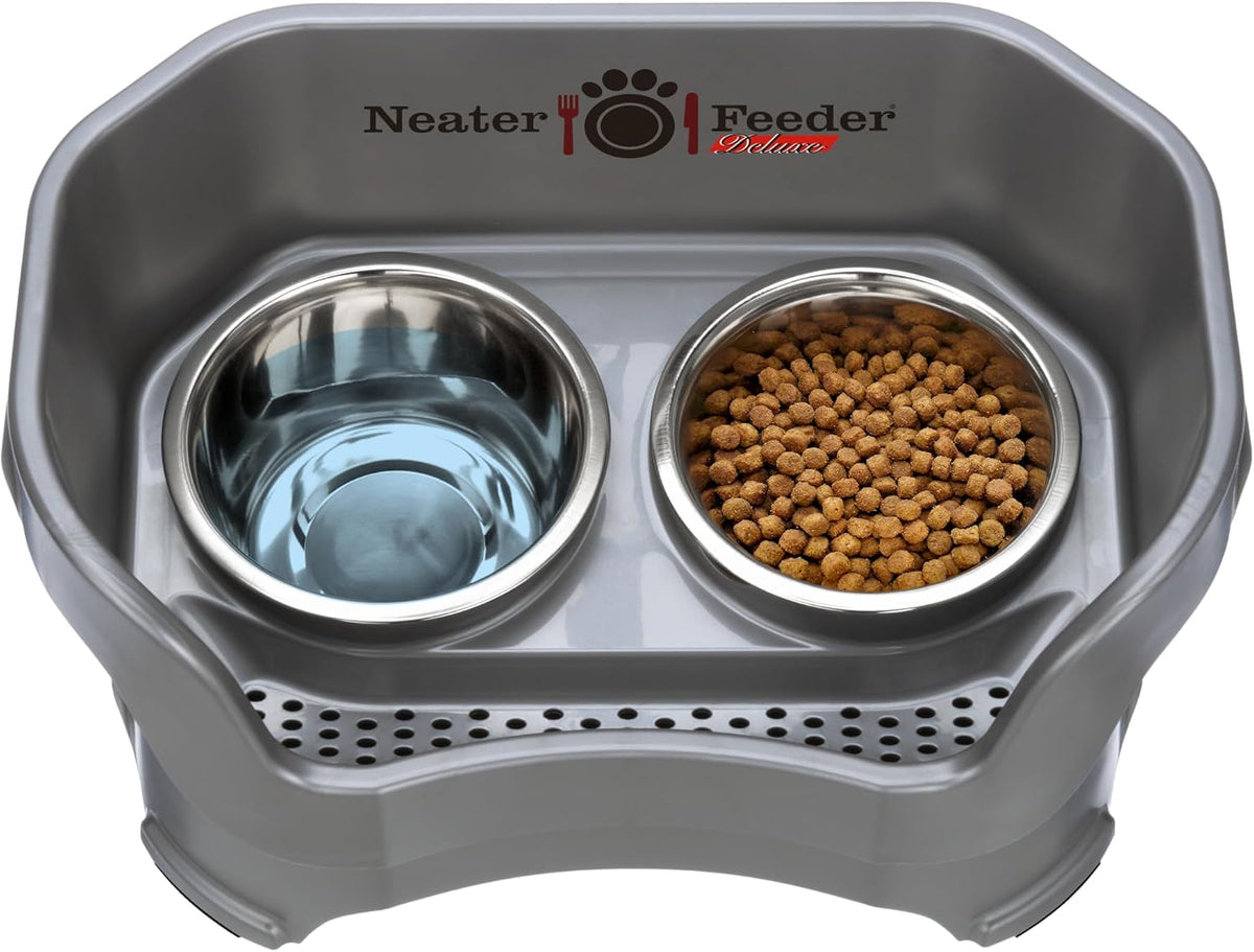 Neater Pet Brands Neater Feeder Deluxe Mess Proof Dog Bowls Elevated for Medium Dogs 19-40 lbs, Made in USA, No Spill Raised Dog Food Bowl Stand Feeding Station, Food and Water Bowl Set, Gunmetal 