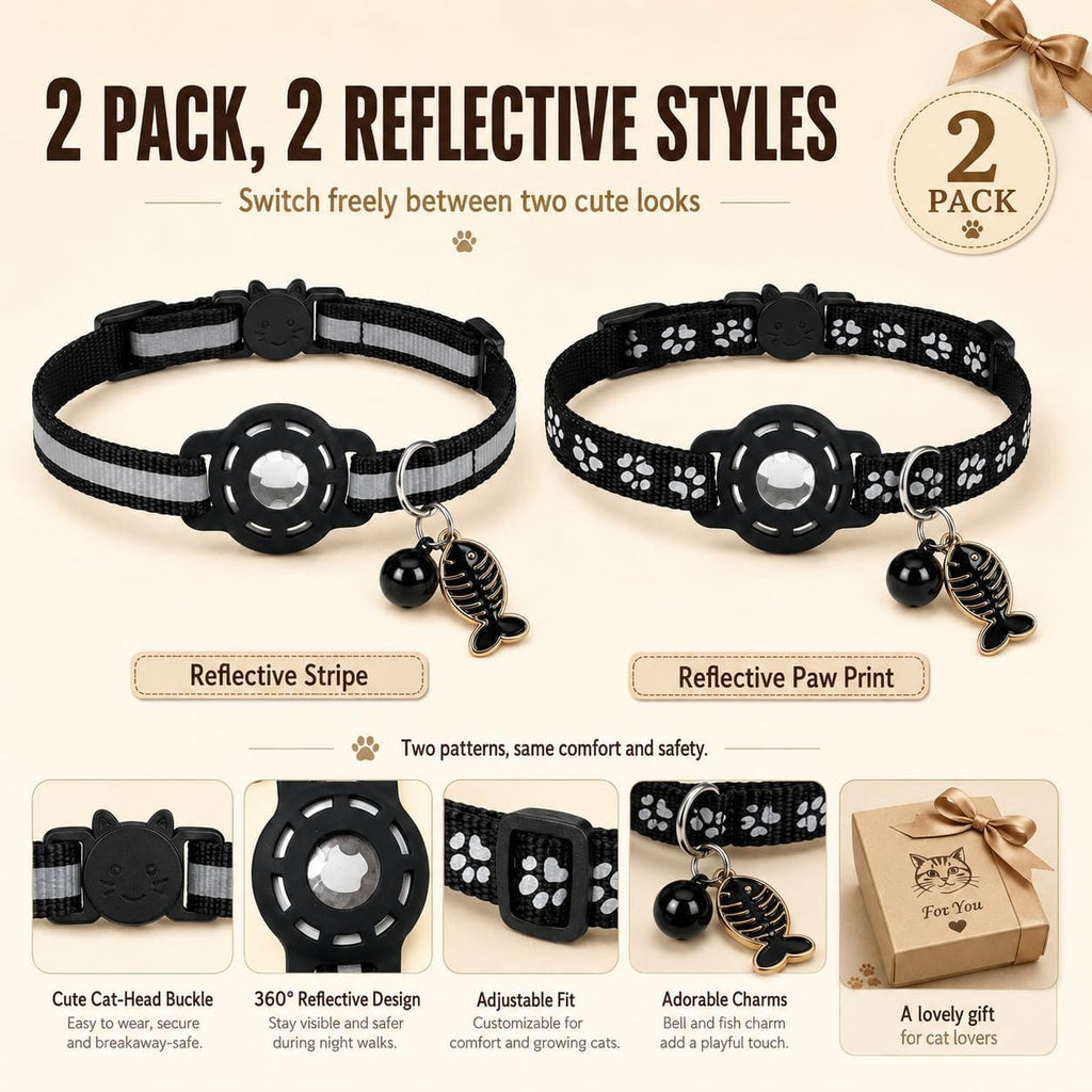 Cat Collar Breakaway 2packs, Reflective Kitten Collar with Apple Air Tag Holder and Bell for Girl Boy Cats, 0.4 Inches in Width and Lightweight (Black)