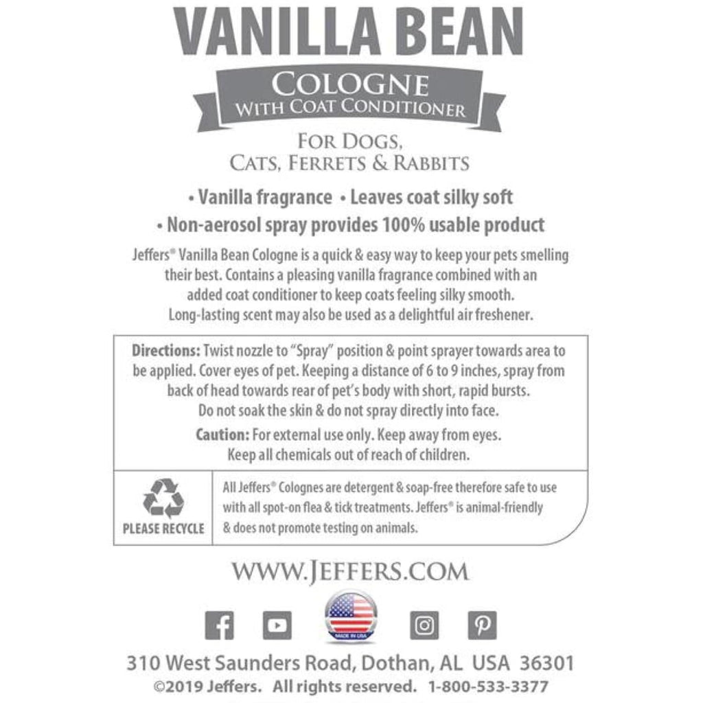 Jeffers Pet Colognes with Coat Conditioner for Dogs & Cats 16 oz - Soap & Detergent Free Grooming Spray for Fresh, Odor Control, Silky Coat & Home Freshening, Safe Formula, Made in USA - Vanilla Bean