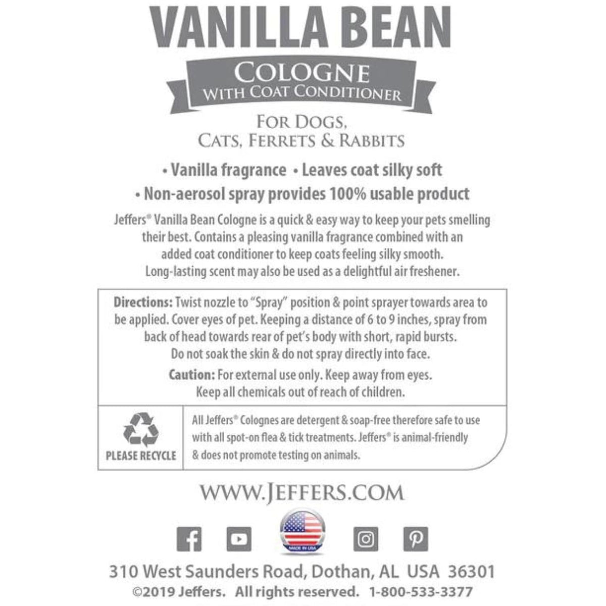 Jeffers Pet Colognes with Coat Conditioner for Dogs & Cats 16 oz - Soap & Detergent Free Grooming Spray for Fresh, Odor Control, Silky Coat & Home Freshening, Safe Formula, Made in USA - Vanilla Bean