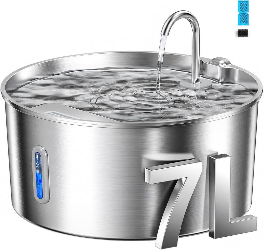 Pektaco Stainless Steel Dog Water Fountain for Large Dogs, 7L, 1 Filter