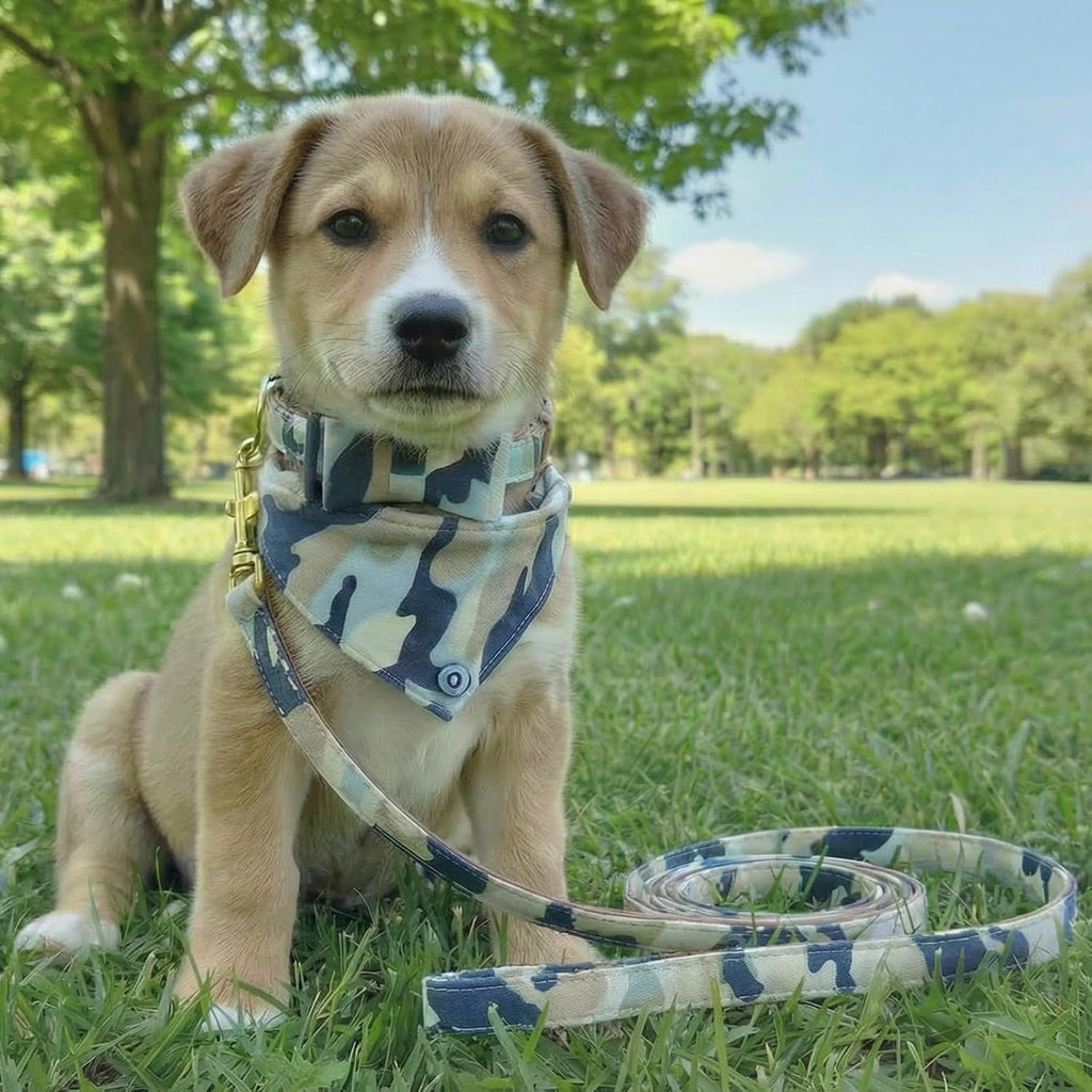 3PCS Bow Tie Dog Collar and Leash Set Plaid/Camo/Dots/Flower Dog Bandanas with Bell 3 Size Adjustable for Small Dogs Puppies and Cats (S, Camo 3)