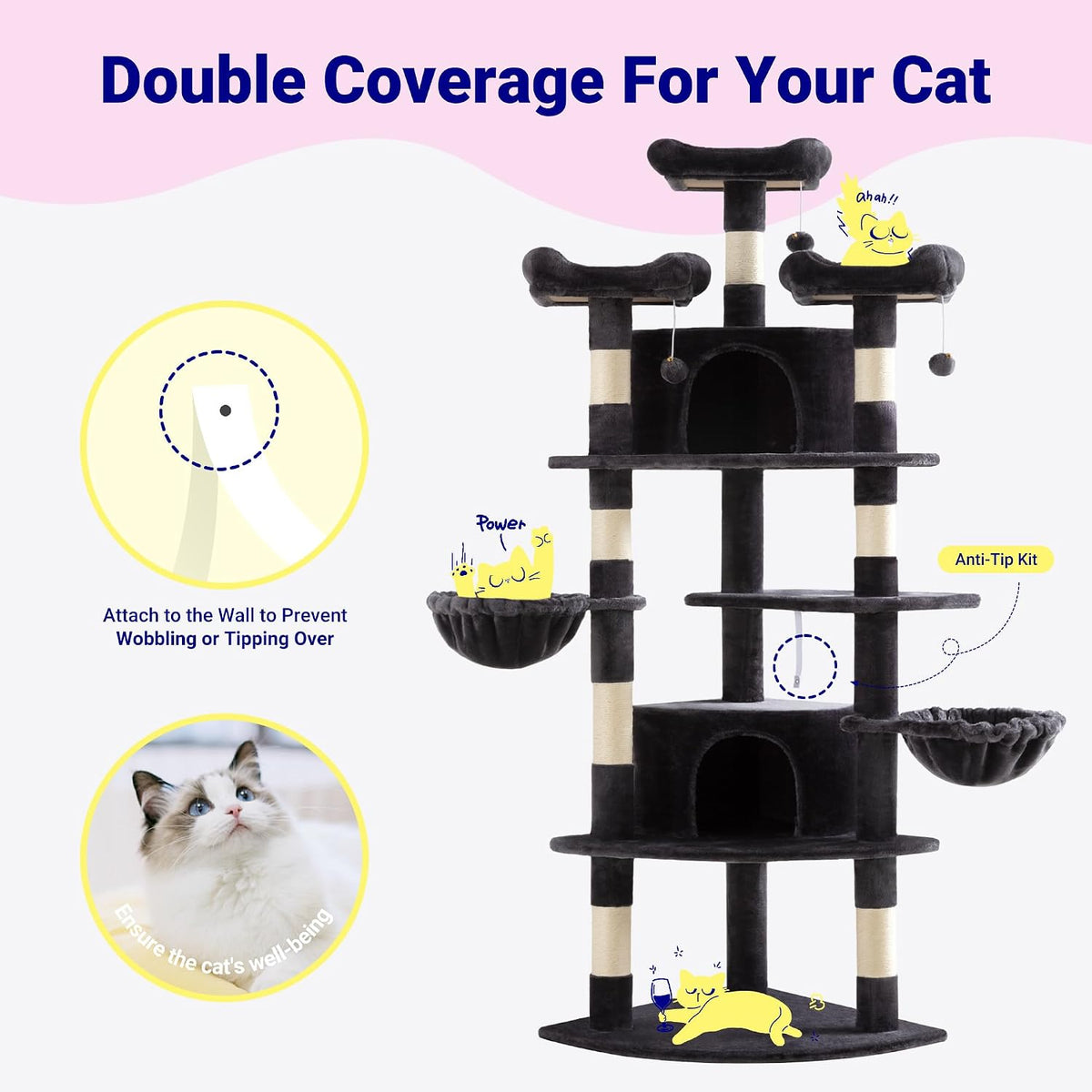 Allewie 73in Fan-Shaped Space-Saving Corner Cat Tree Tower, Dark Grey