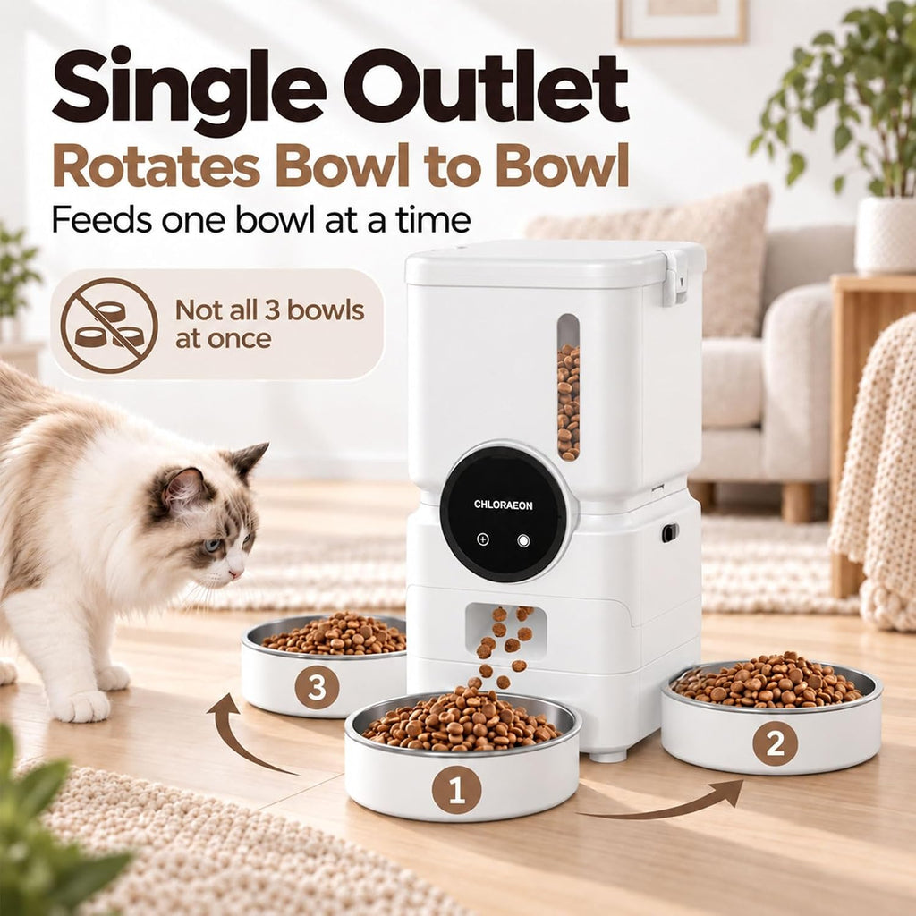Automatic Cat Feeder for 3 Cats, 2.4GHz WiFi Slow Feed Dispenser,White