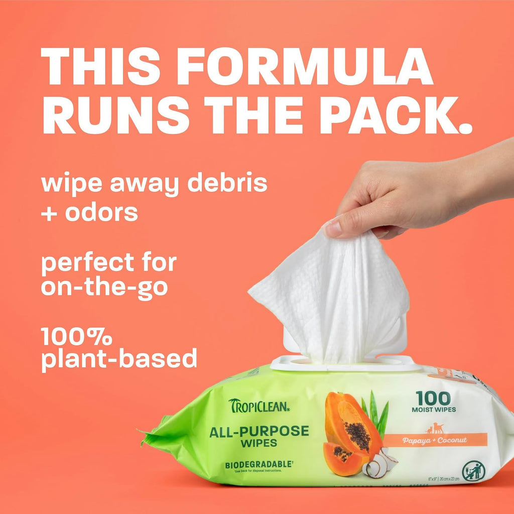 TropiClean Papaya & Coconut Luxury 2-in-1 Pet Wipes, 100ct - Wipes for Dogs & Cats - Gently Removes Dirt, Dander & Smells - for Pet Paws, Face, Body & Bottom - Tropical Papaya & Coconut Scent 