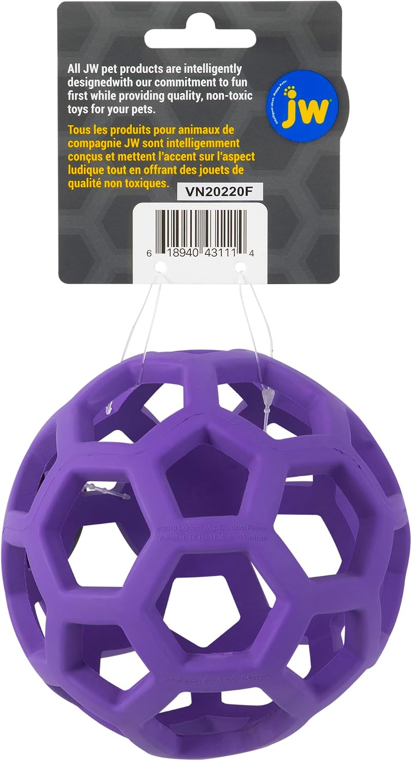 JW Pet HOL-ee Roller, Natural Rubber, Medium 4.5in, Colors May Vary | Puzzle Ball Design Dog Toy for Interactive Play and Chasing Fun