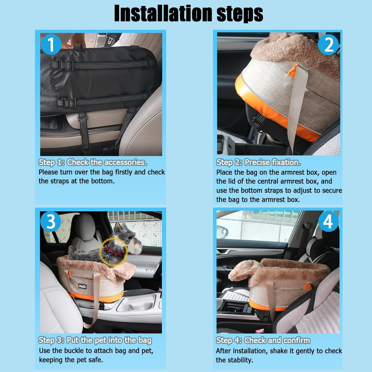 Pet Car Center Console Elevated Armrest Car Seat for Small Puppy, Dogs & Cats (Up to 10 lbs) – Dark Gray Washable Plush Carrier with Safety Leash, Fits Front Vehicle Console Space (Khaki)