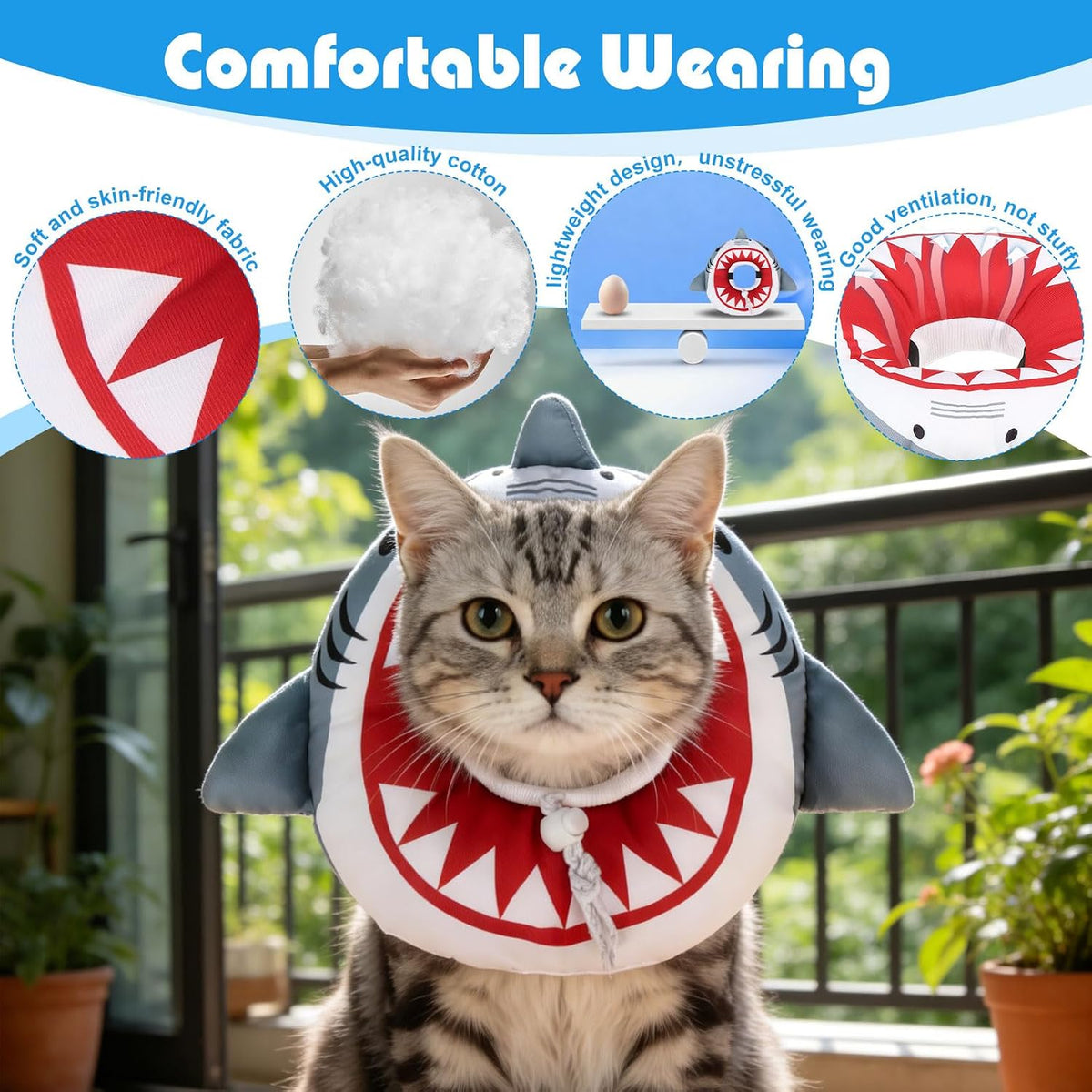 EXPAWLORER Cat Cone Collar Soft, Cat Recovery E Collar After Surgery to Stop Licking, Adjustable Waterproof Neck Elizabethan Pet Kitten Puppy Donut Pillow for Cats Wound Healing, Shark