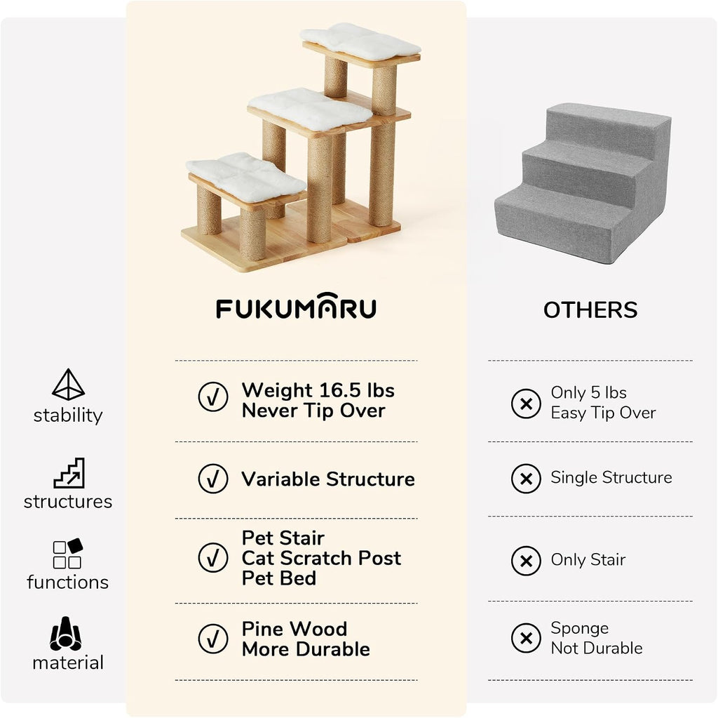 FUKUMARU Dog Stairs, Solid Wood Pet Stairs with Cat Scratching Post