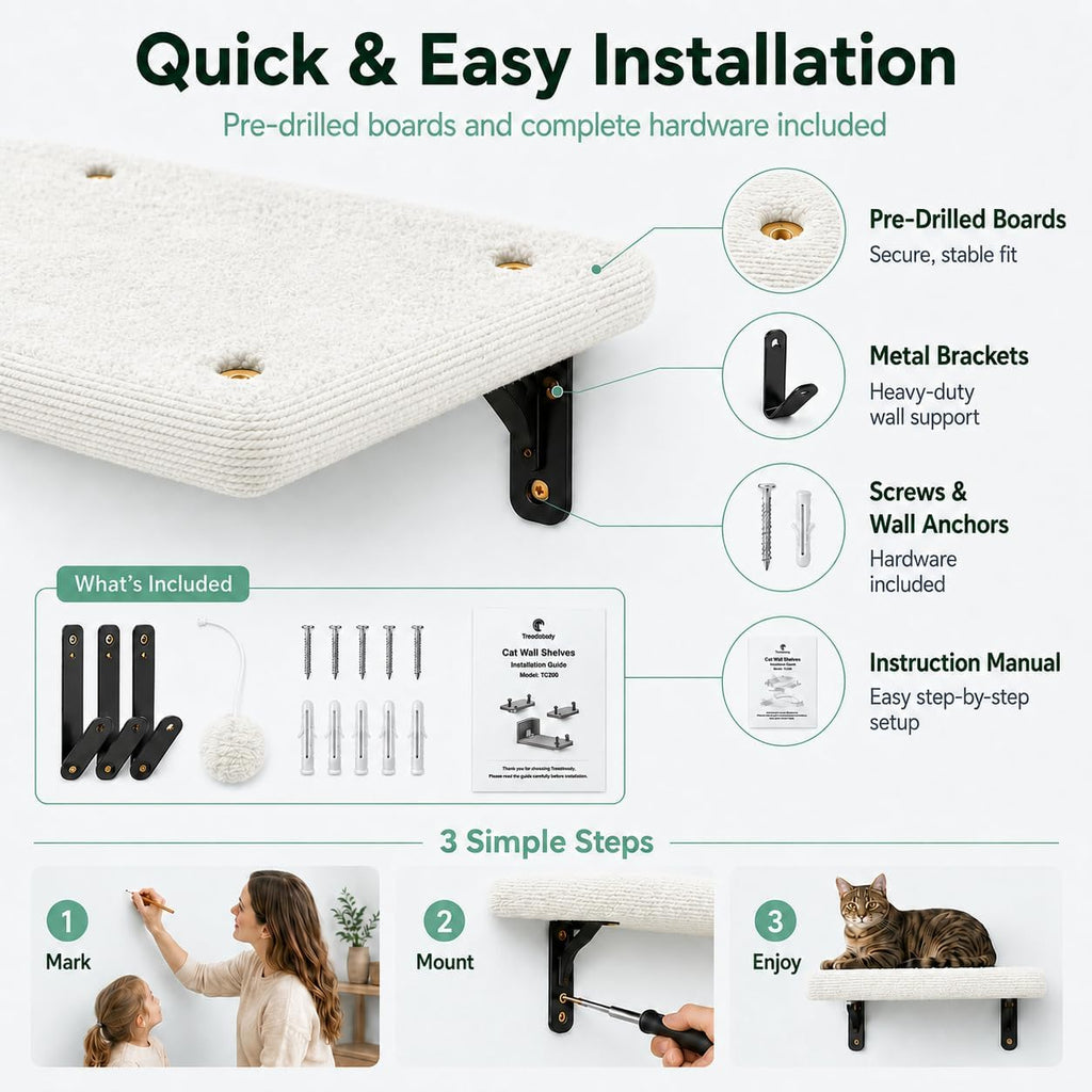 Cat Wall Shelves Set - 5 in 1 Wall-Mounted Cat Tree with Scratching Post - Perch, Condo, and Climbing Platforms - Ivory