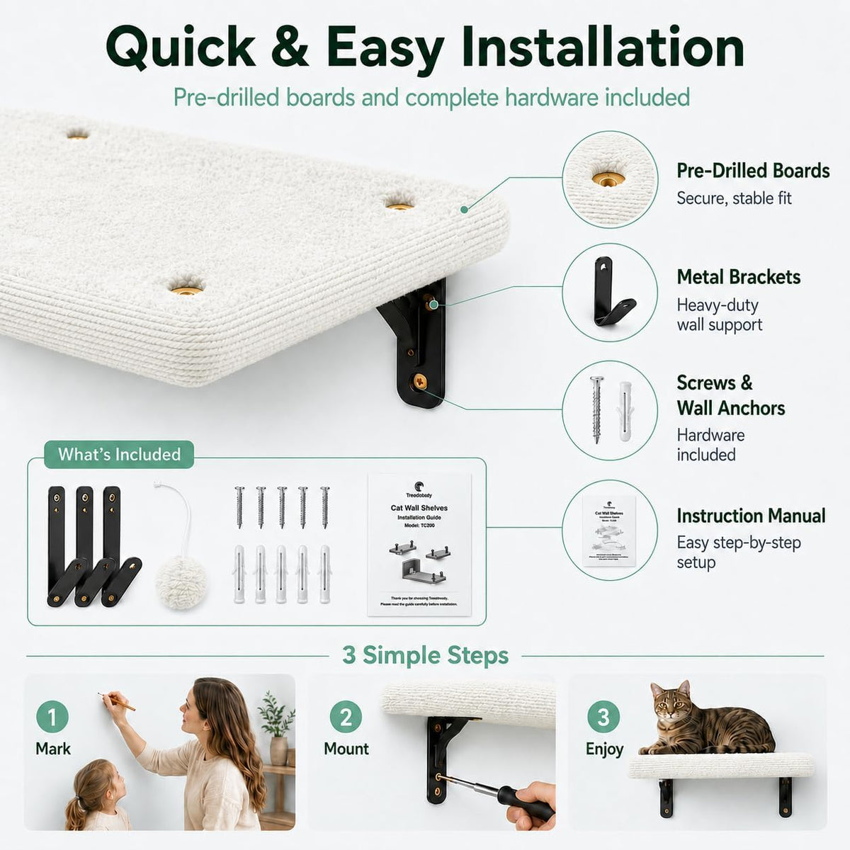 Cat Wall Shelves Set - 5 in 1 Wall-Mounted Cat Tree with Scratching Post - Perch, Condo, and Climbing Platforms - Ivory